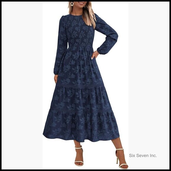 Dresses & Skirts - Long Sleeve Smocked Midi Dress Floral Boho Flowy Wedding Guest